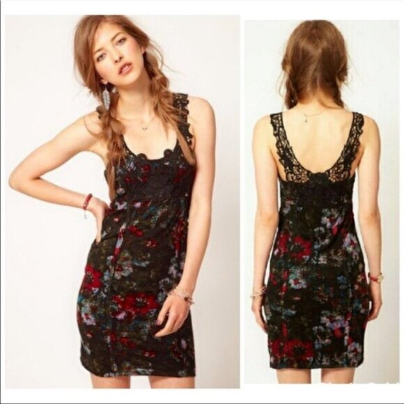 Free People Knockout bodycon black  red floral lace crochet strap mini dress SP - Picture 1 of 16